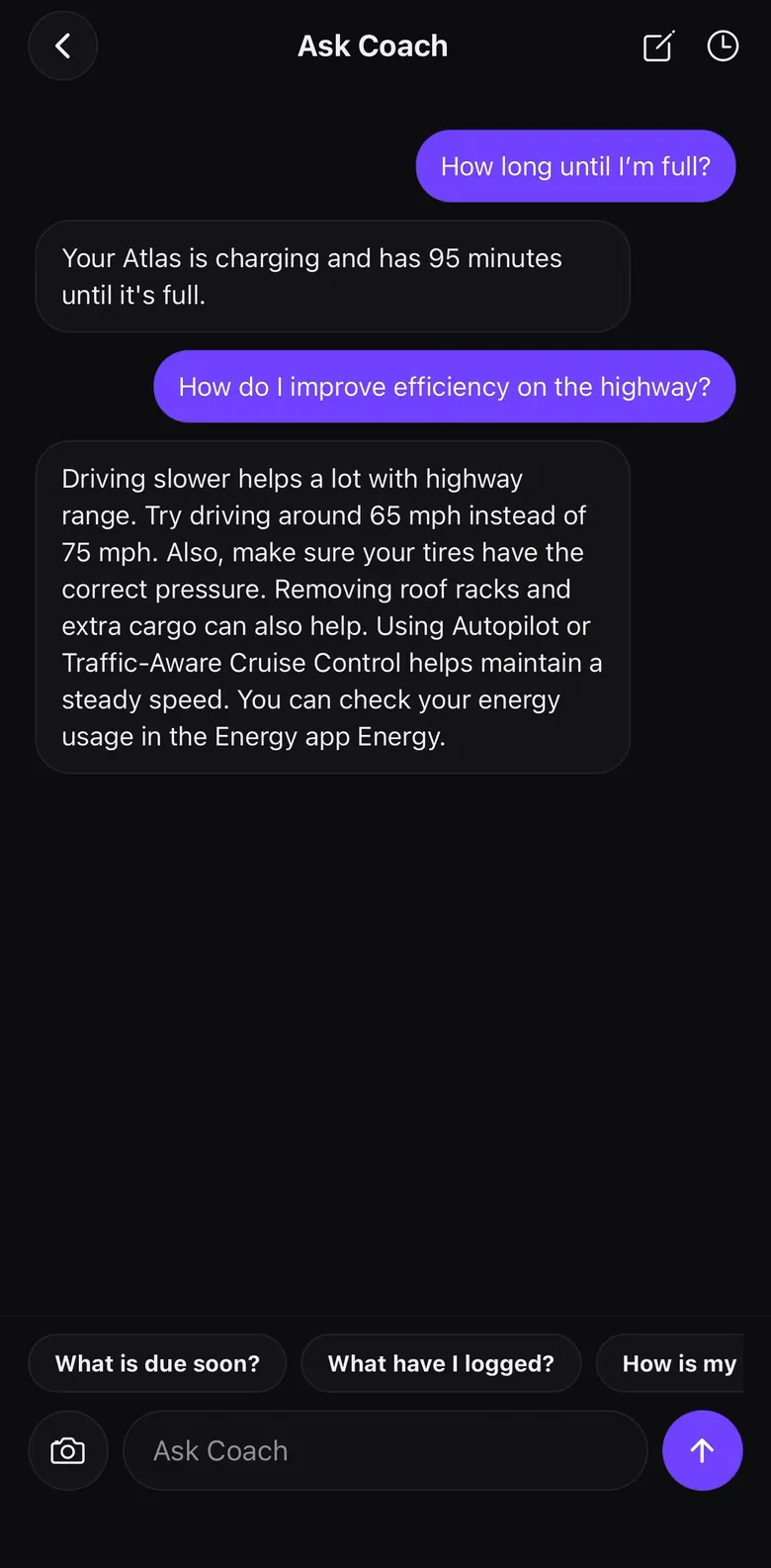 Ask Coach answering how long until the car is full and how to get more highway range