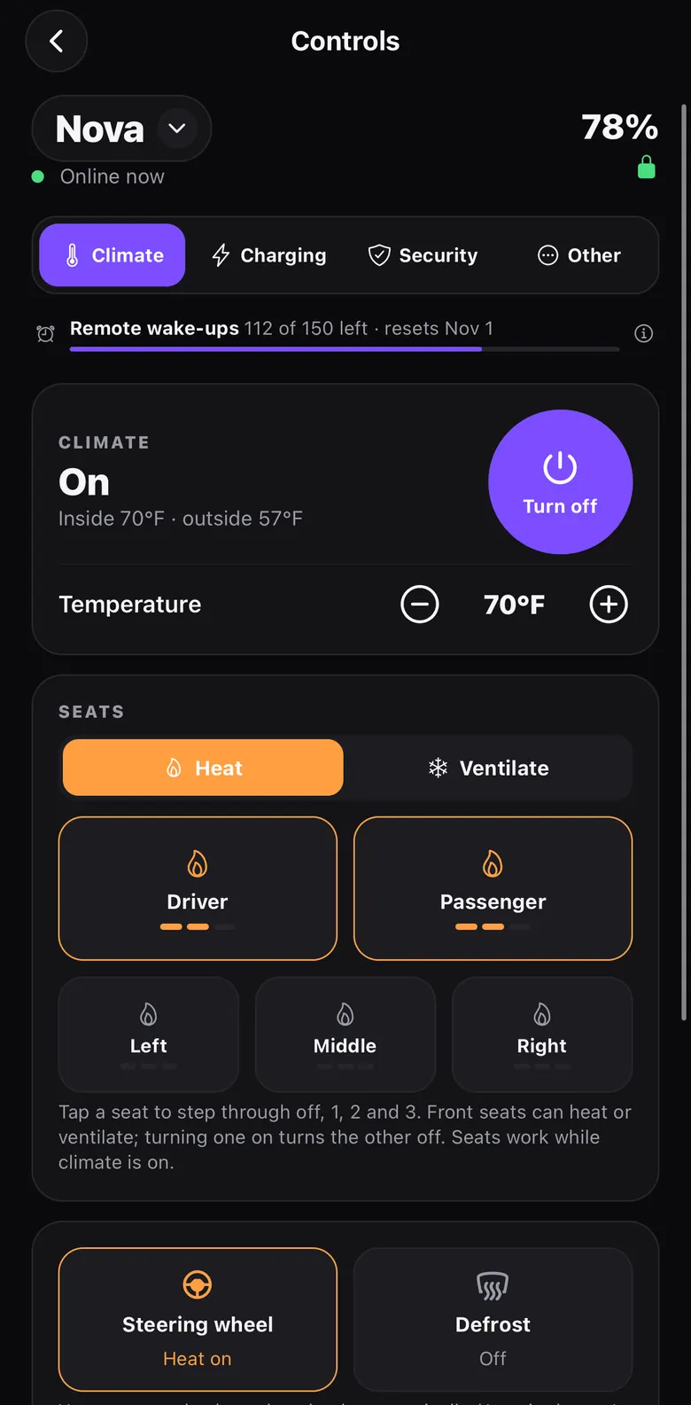 Controls with climate on, heated seats and the steering wheel