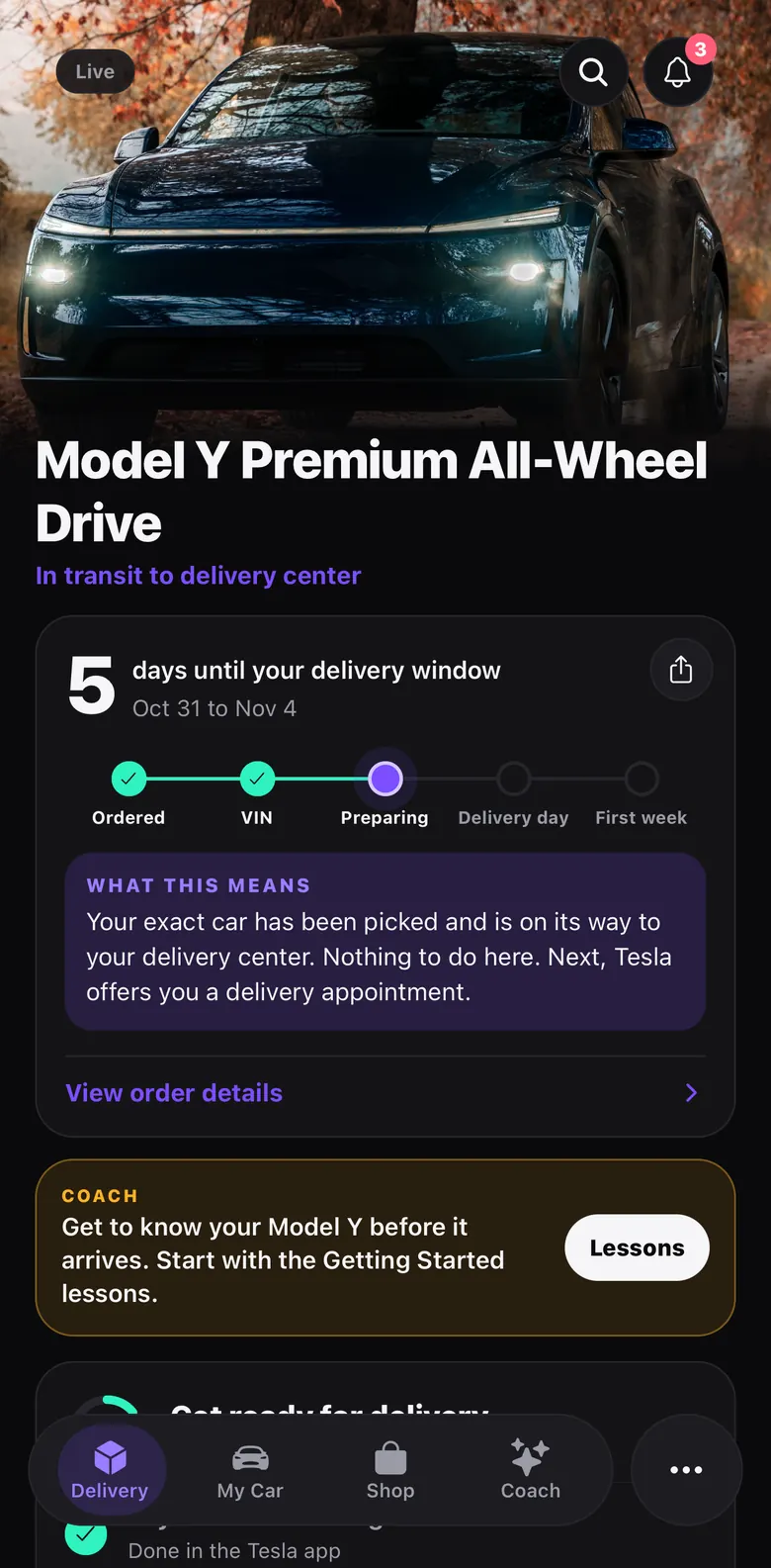 Delivery tab with a 5-day countdown and the order stage