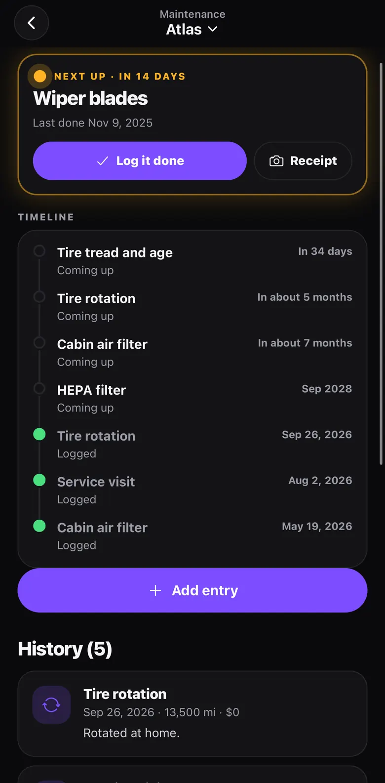 Maintenance with wiper blades due in 14 days and a timeline of upcoming and logged items