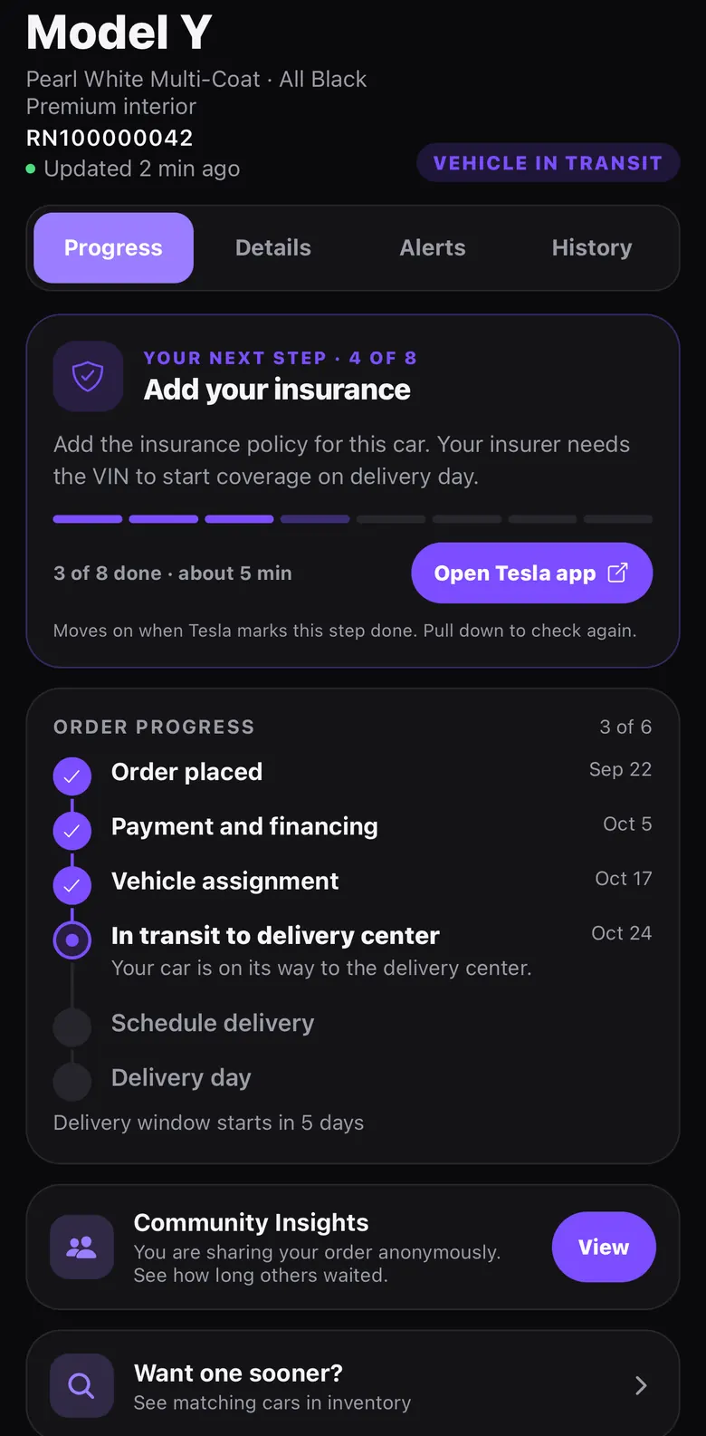 Order progress with the next step and each stage dated