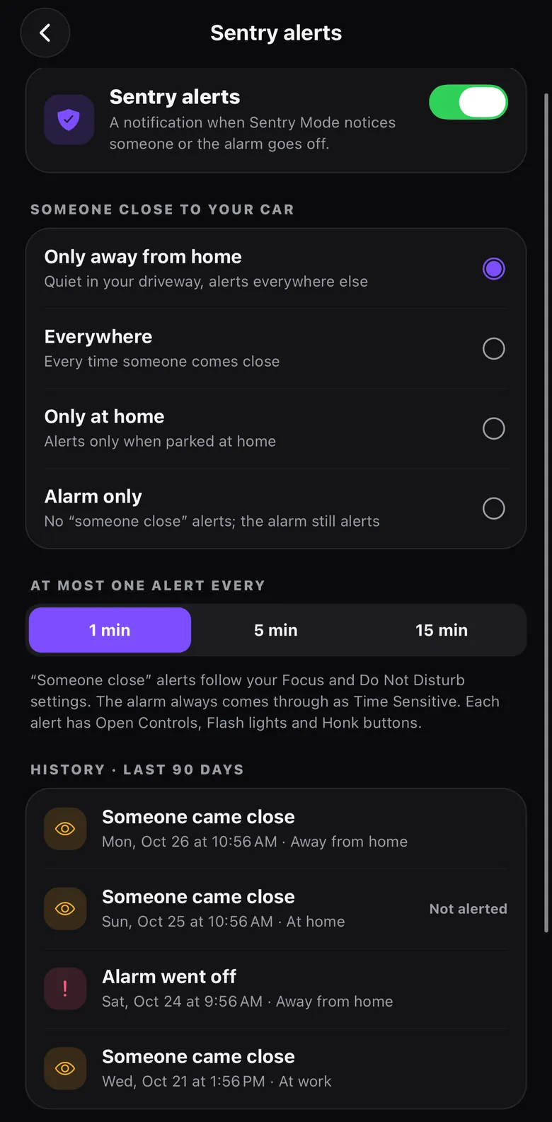 Sentry alert settings and event history
