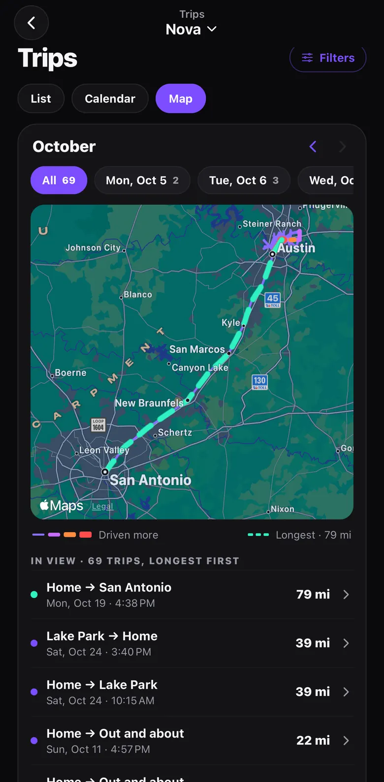 Trips map with a drive from Austin to San Antonio
