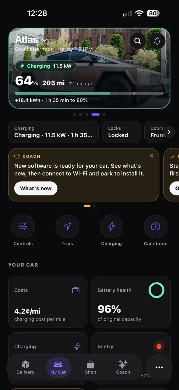 VoltCoach My Car screen for a charging Cybertruck
