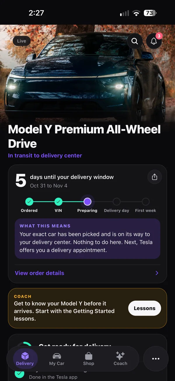 VoltCoach delivery tracker for a Model Y